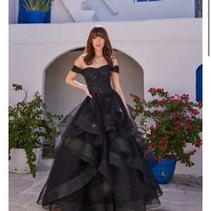 Ellie Wilde Black Asymmetrical Ruffled Prom Gown